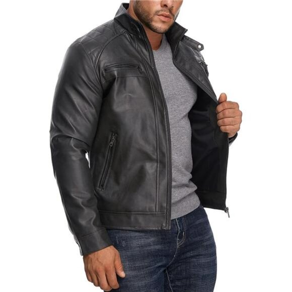 Men’s Stand Collar Leather Jacket Casual Faux Leather Motorcycle - Picture 5 of 7